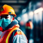 An industrial hygiene worker wearing a bright construction vest and personal protective equipment (PPE) mask, along with goggles. The worker is prepared for safety in a hazardous environment, ensuring protection against potential workplace hazards.
