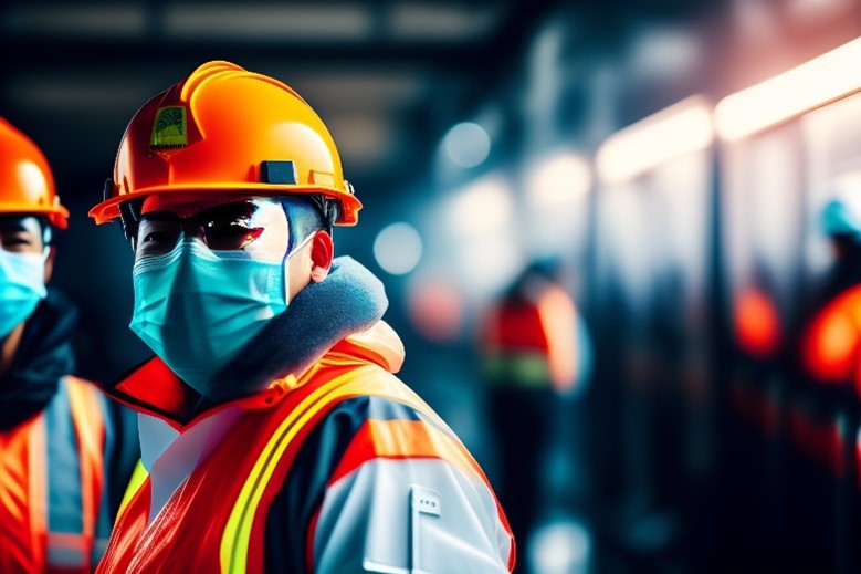 An industrial hygiene worker wearing a bright construction vest and personal protective equipment (PPE) mask, along with goggles. The worker is prepared for safety in a hazardous environment, ensuring protection against potential workplace hazards.